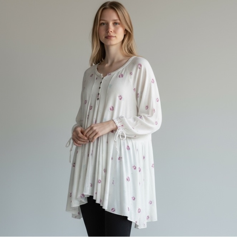 Free People White Long Sleeve Floral Peplum Tunic with Pink Accents